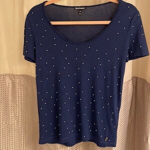 Dk Navy Blue bling short sleeve sweater with gold logo on bottom.